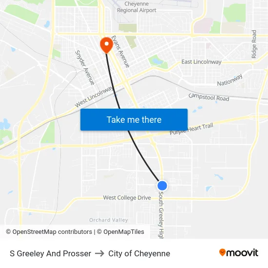 S Greeley And Prosser to City of Cheyenne map