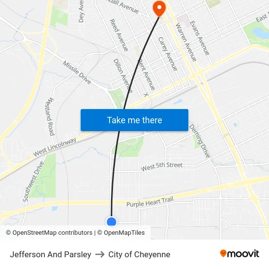Jefferson And Parsley to City of Cheyenne map