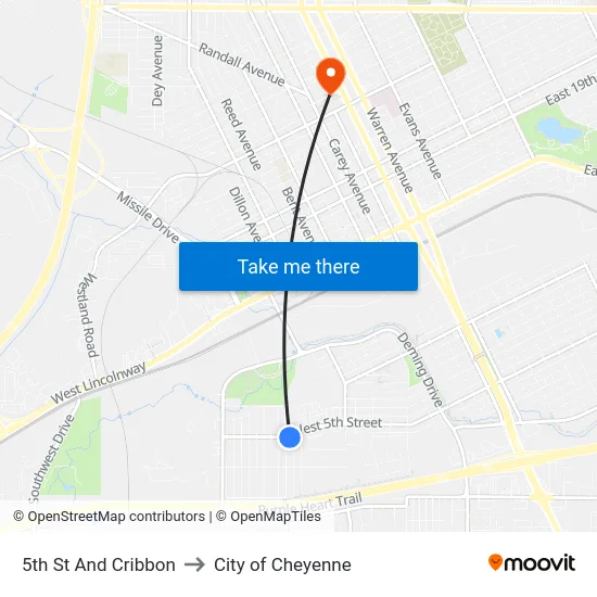 5th St And Cribbon to City of Cheyenne map