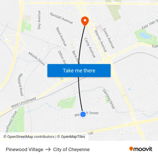Pinewood Village to City of Cheyenne map