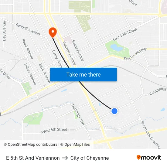 E 5th St And Vanlennon to City of Cheyenne map