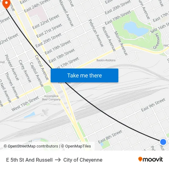 E 5th St And Russell to City of Cheyenne map