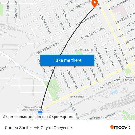 Comea Shelter to City of Cheyenne map