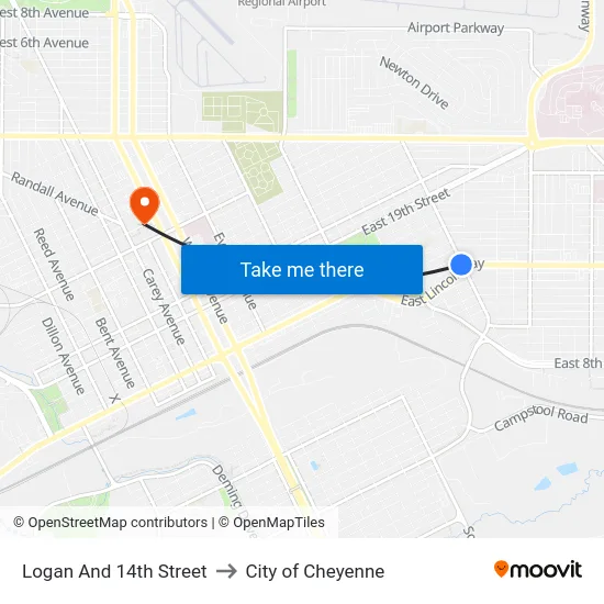 Logan And 14th Street to City of Cheyenne map