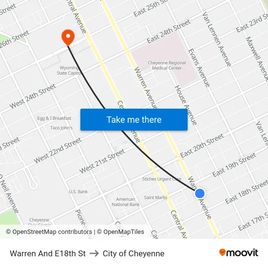 Warren And E18th St to City of Cheyenne map