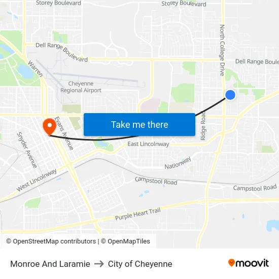 Monroe And Laramie to City of Cheyenne map