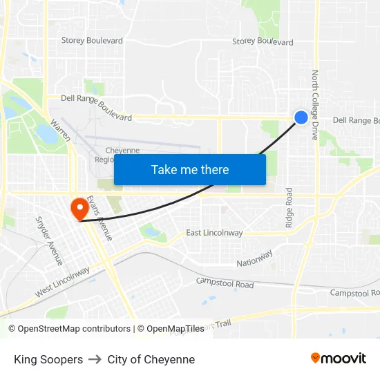 King Soopers to City of Cheyenne map