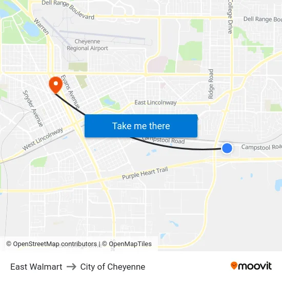 East Walmart to City of Cheyenne map