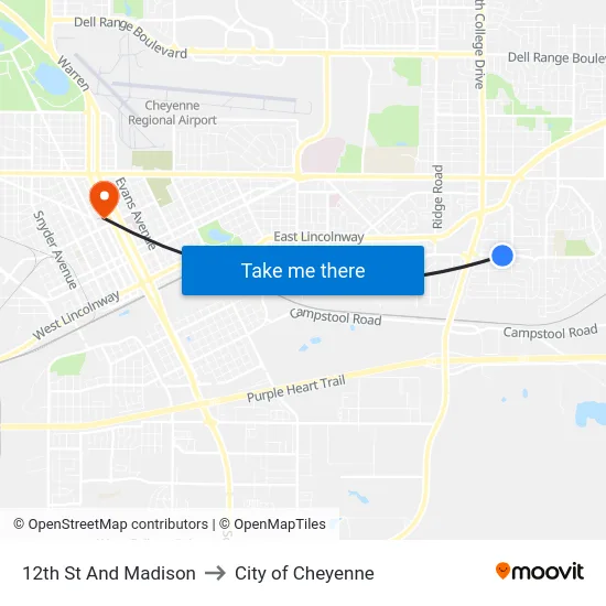 12th St And Madison to City of Cheyenne map