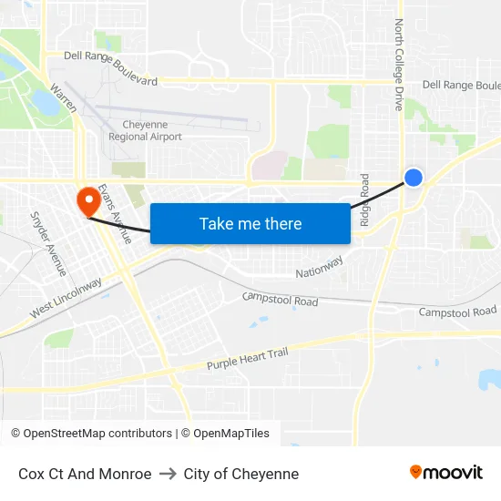 Cox Ct And Monroe to City of Cheyenne map
