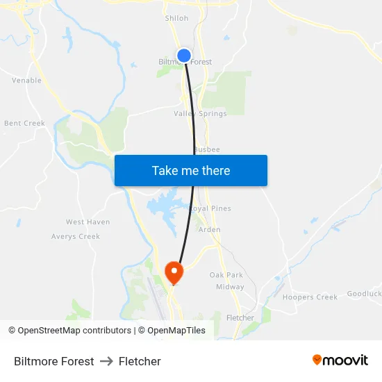 Biltmore Forest to Fletcher map