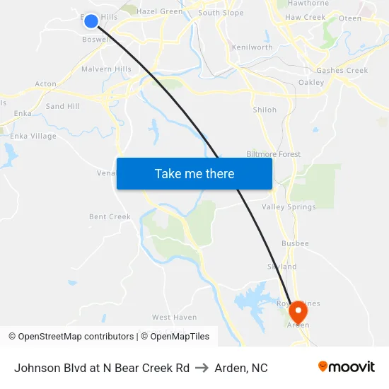 Johnson Blvd at N Bear Creek Rd to Arden, NC map
