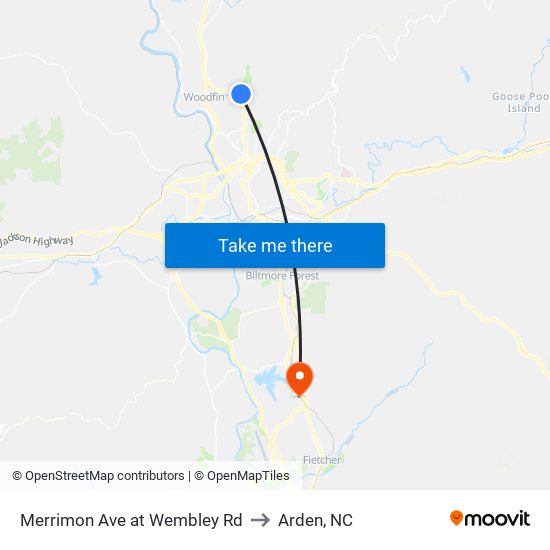 Merrimon Ave at Wembley Rd to Arden, NC map