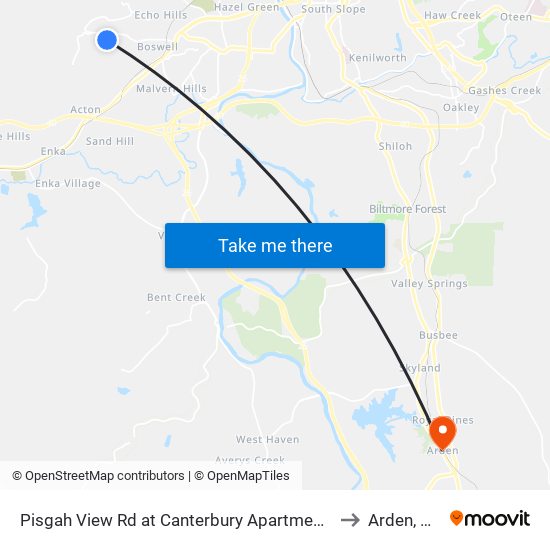 Pisgah View Rd at Canterbury Apartments to Arden, NC map