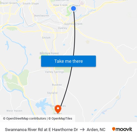 Swannanoa River Rd at E Hawthorne Dr to Arden, NC map