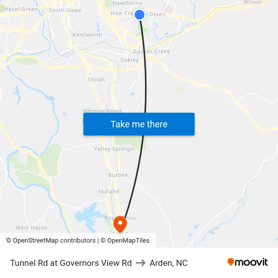 Tunnel Rd at Governors View Rd to Arden, NC map