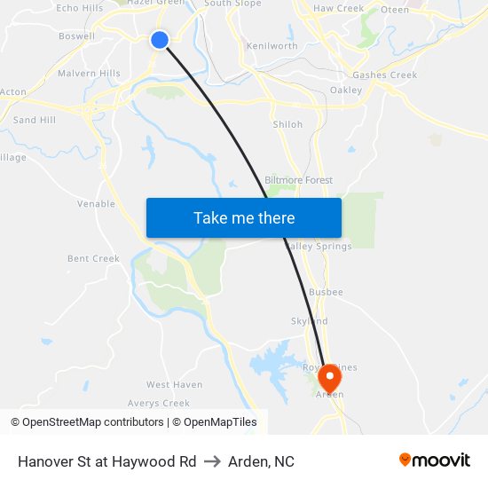 Hanover St at Haywood Rd to Arden, NC map