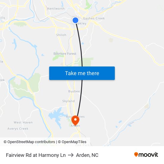 Fairview Rd at Harmony Ln to Arden, NC map