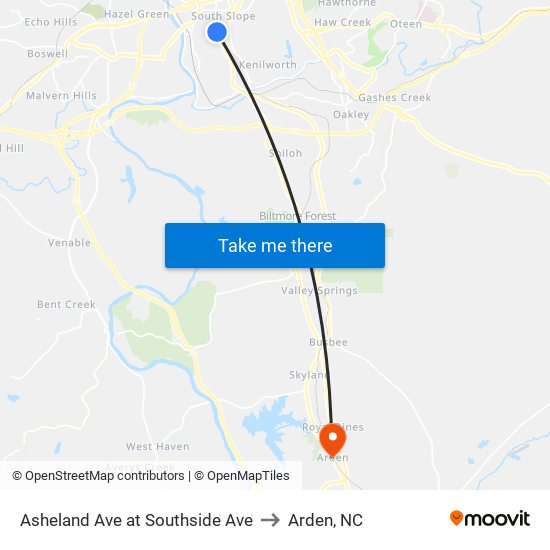 Asheland Ave at Southside Ave to Arden, NC map