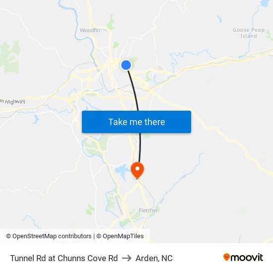 Tunnel Rd at Chunns Cove Rd to Arden, NC map