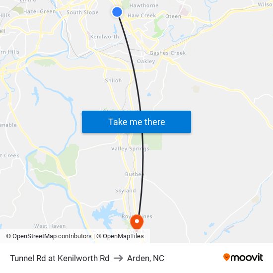 Tunnel Rd at Kenilworth Rd to Arden, NC map