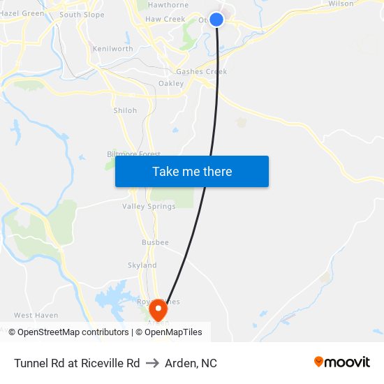 Tunnel Rd at Riceville Rd to Arden, NC map