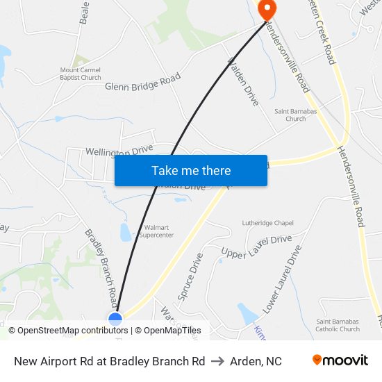 New Airport Rd at Bradley Branch Rd to Arden, NC map