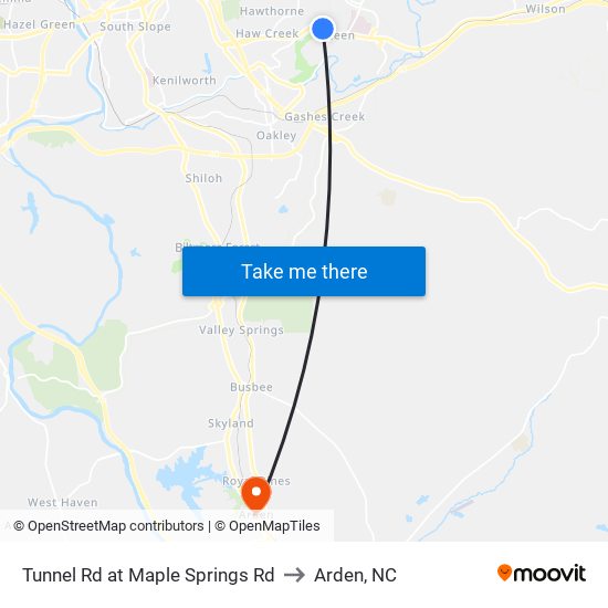 Tunnel Rd at Maple Springs Rd to Arden, NC map