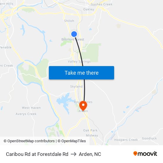 Caribou Rd at Forestdale Rd to Arden, NC map