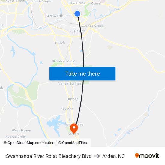 Swannanoa River Rd at Bleachery Blvd to Arden, NC map