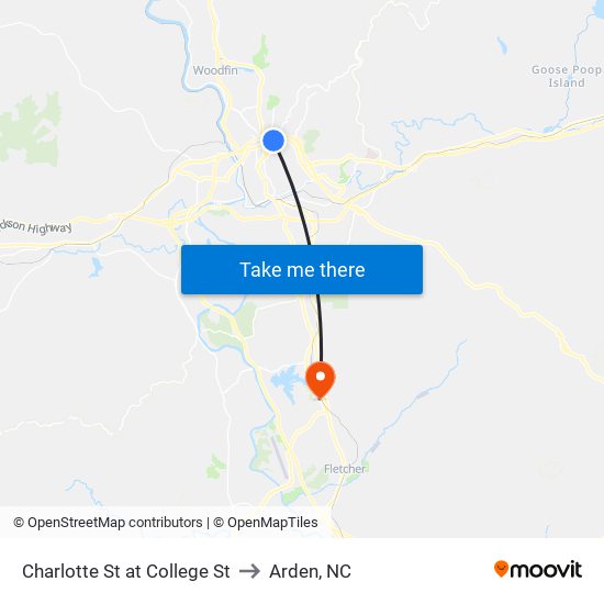 Charlotte St at College St to Arden, NC map