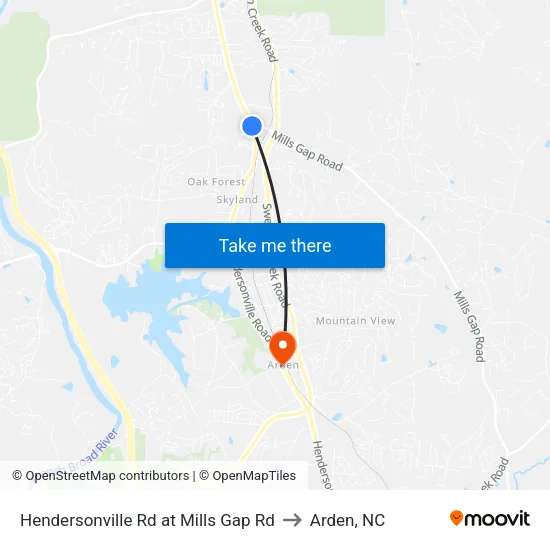 Hendersonville Rd at Mills Gap Rd to Arden, NC map