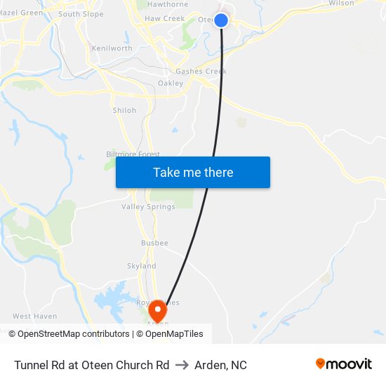 Tunnel Rd at Oteen Church Rd to Arden, NC map