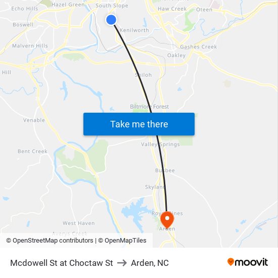 Mcdowell St at Choctaw St to Arden, NC map