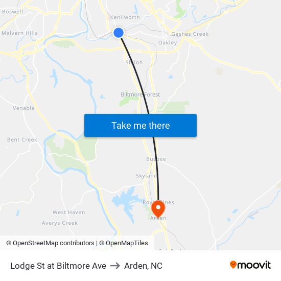 Lodge St at Biltmore Ave to Arden, NC map