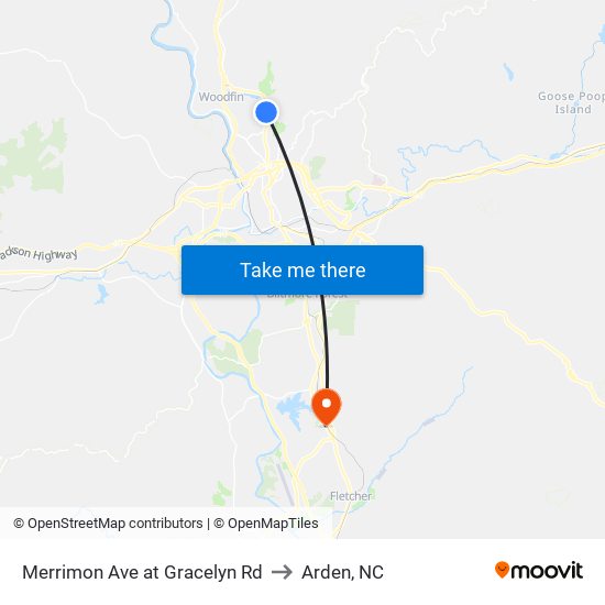 Merrimon Ave at Gracelyn Rd to Arden, NC map