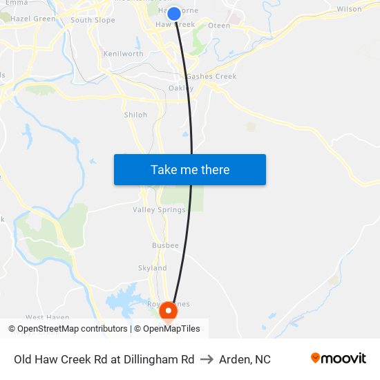 Old Haw Creek Rd at Dillingham Rd to Arden, NC map