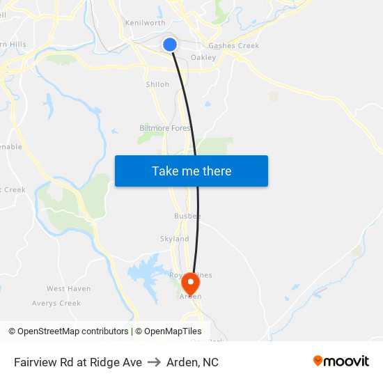 Fairview Rd at Ridge Ave to Arden, NC map