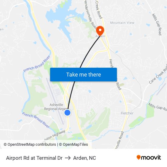 Airport Rd at Terminal Dr to Arden, NC map