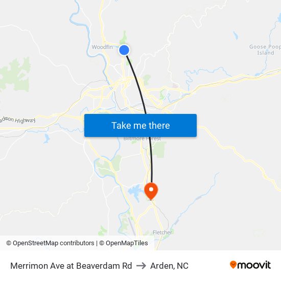 Merrimon Ave at Beaverdam Rd to Arden, NC map