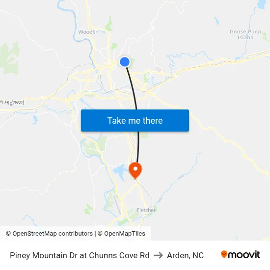 Piney Mountain Dr at Chunns Cove Rd to Arden, NC map