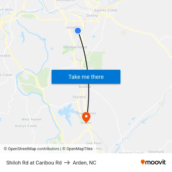 Shiloh Rd at Caribou Rd to Arden, NC map