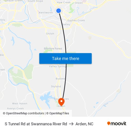 S Tunnel Rd at Swannanoa River Rd to Arden, NC map