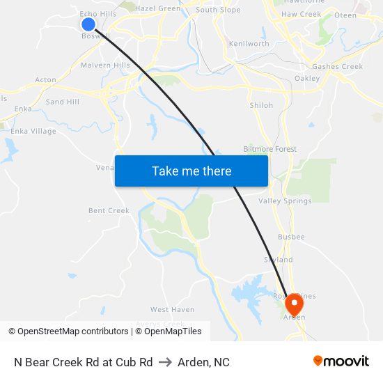 N Bear Creek Rd at Cub Rd to Arden, NC map