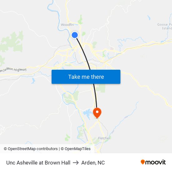Unc Asheville at Brown Hall to Arden, NC map