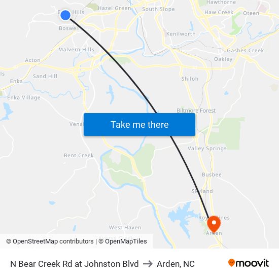 N Bear Creek Rd at Johnston Blvd to Arden, NC map