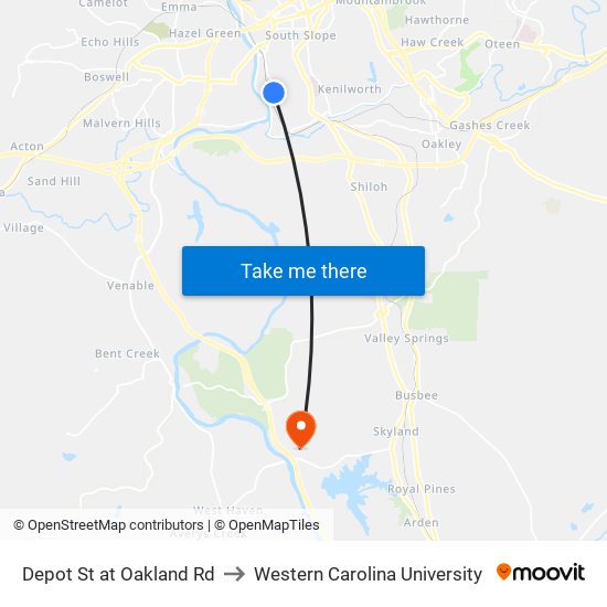 Depot St at Oakland Rd to Western Carolina University map