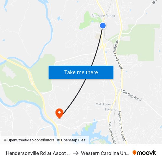 Hendersonville Rd at Ascot Point Cir to Western Carolina University map