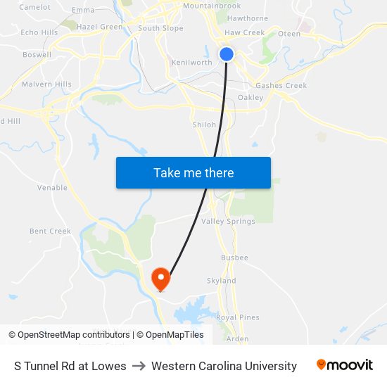 S Tunnel Rd at Lowes to Western Carolina University map