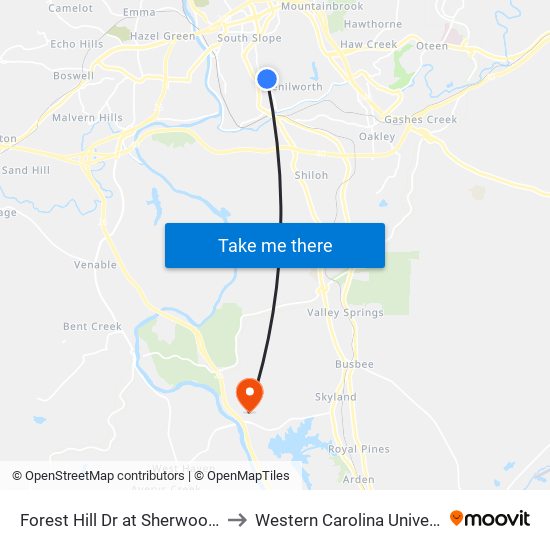 Forest Hill Dr at Sherwood Rd to Western Carolina University map